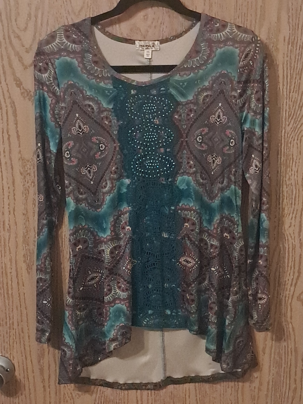 ONE WORLD Teal and Gray Paisley Long-Sleeve Top with Lace Panel XS